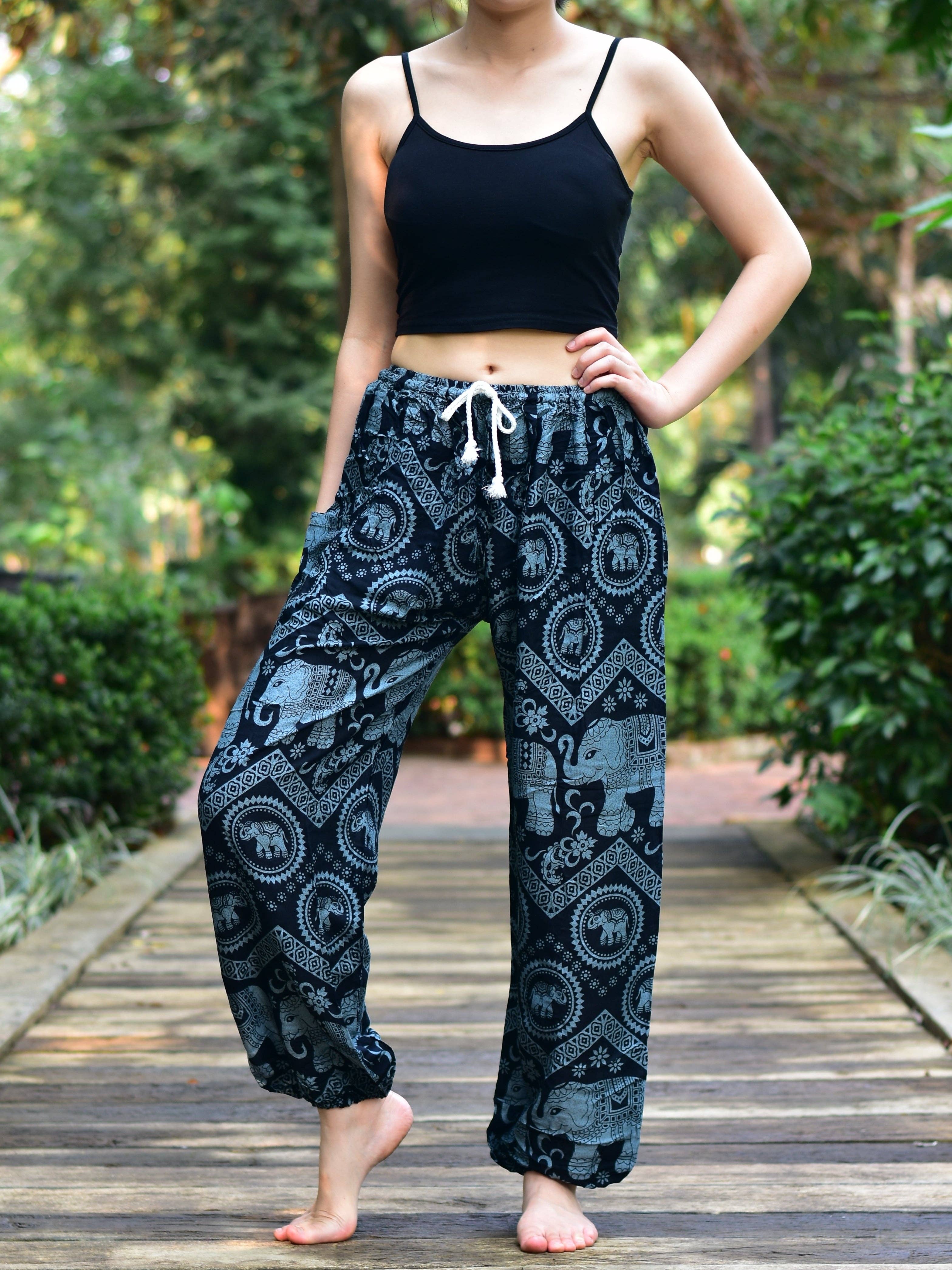 Black Elephant Tusker Harem Pants Tie Waist S-LXL for wholesale on Faire1