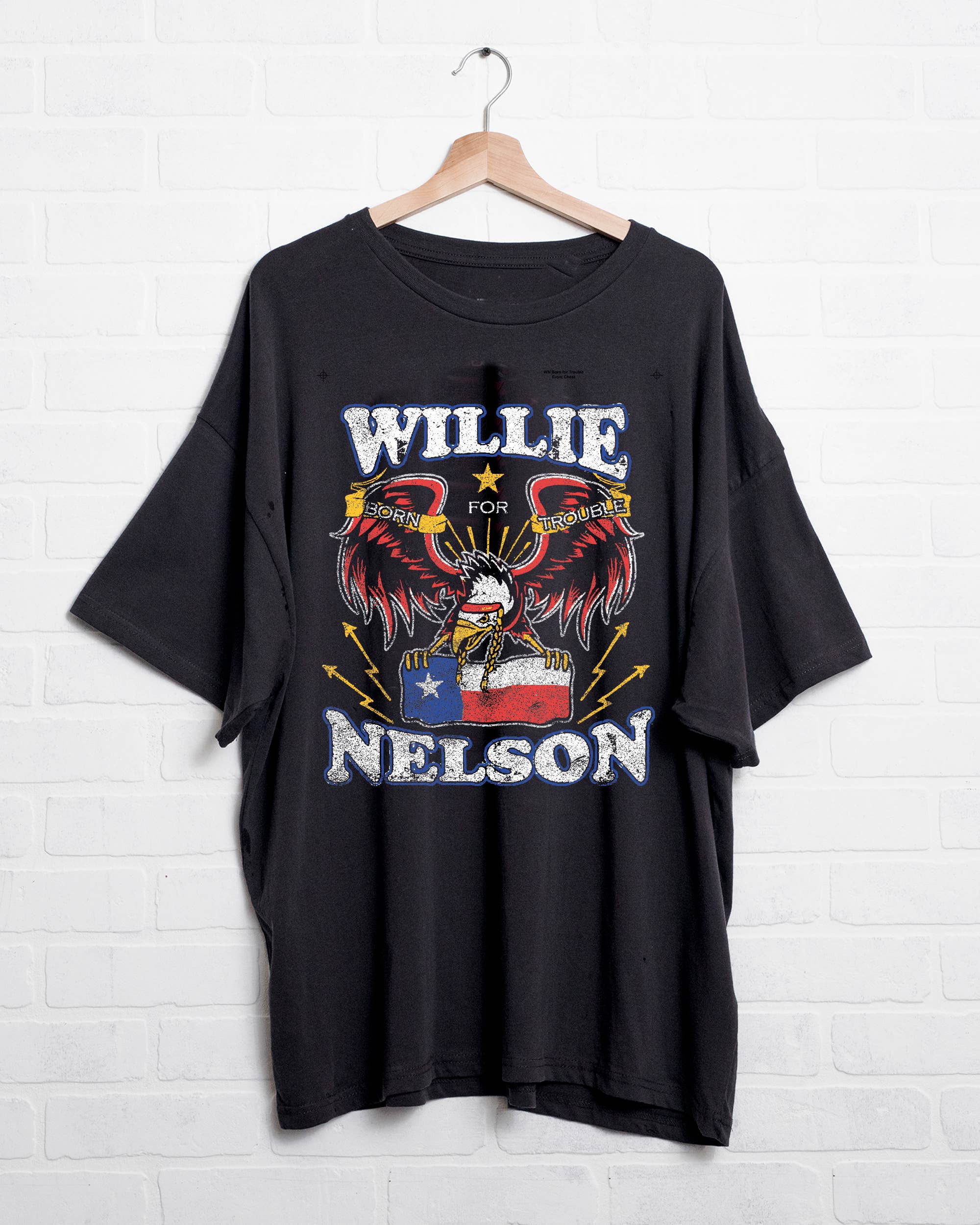 LivyLu - Wholesale T-Shirt (Graphic) - Women's - O/S Willie Nelson Born For Trouble Off Black Oversized Tee7