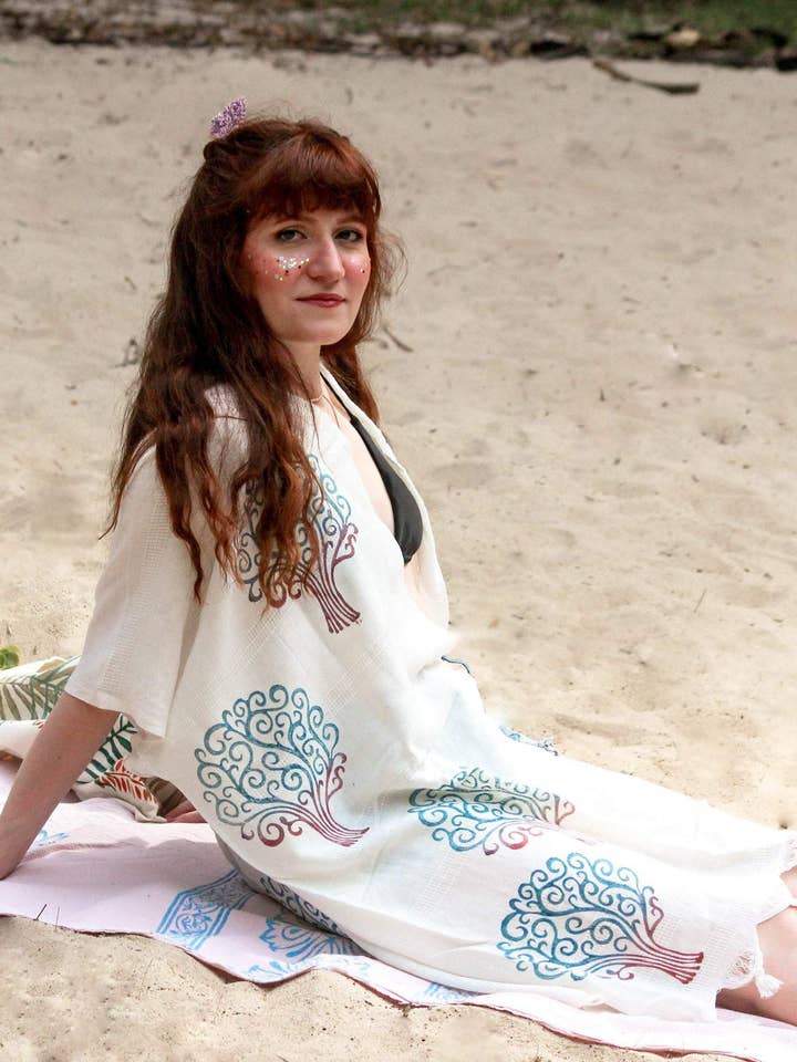 Kimono-Cardigan mit Blockmuster, Baum des Lebens, Blau-Pink für den Großhandel von Anakiz Organic