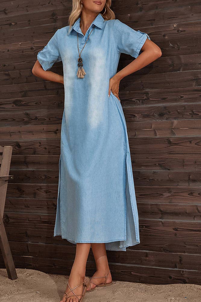bleu Robe longue en denim délavé avec col revers et fente latérale QTN042 en vente sur Faire2