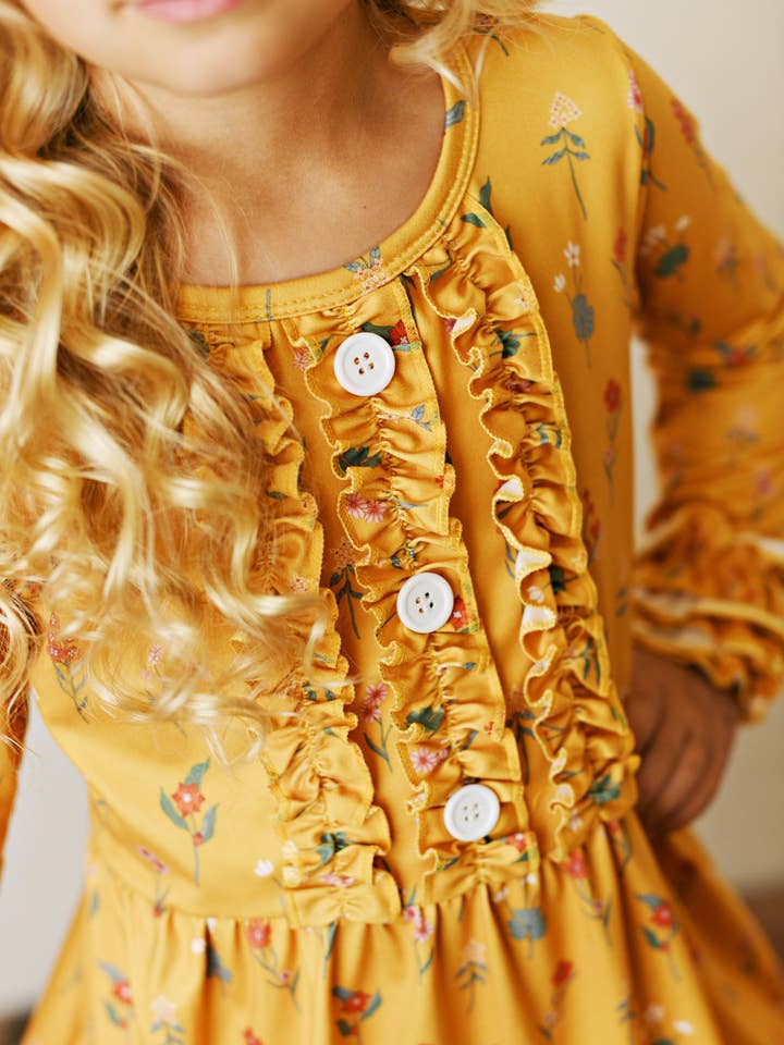 Kids Long Sleeve Mustard Botanical Ruffle Button Fall Dress for wholesale by Adorable Sweetness