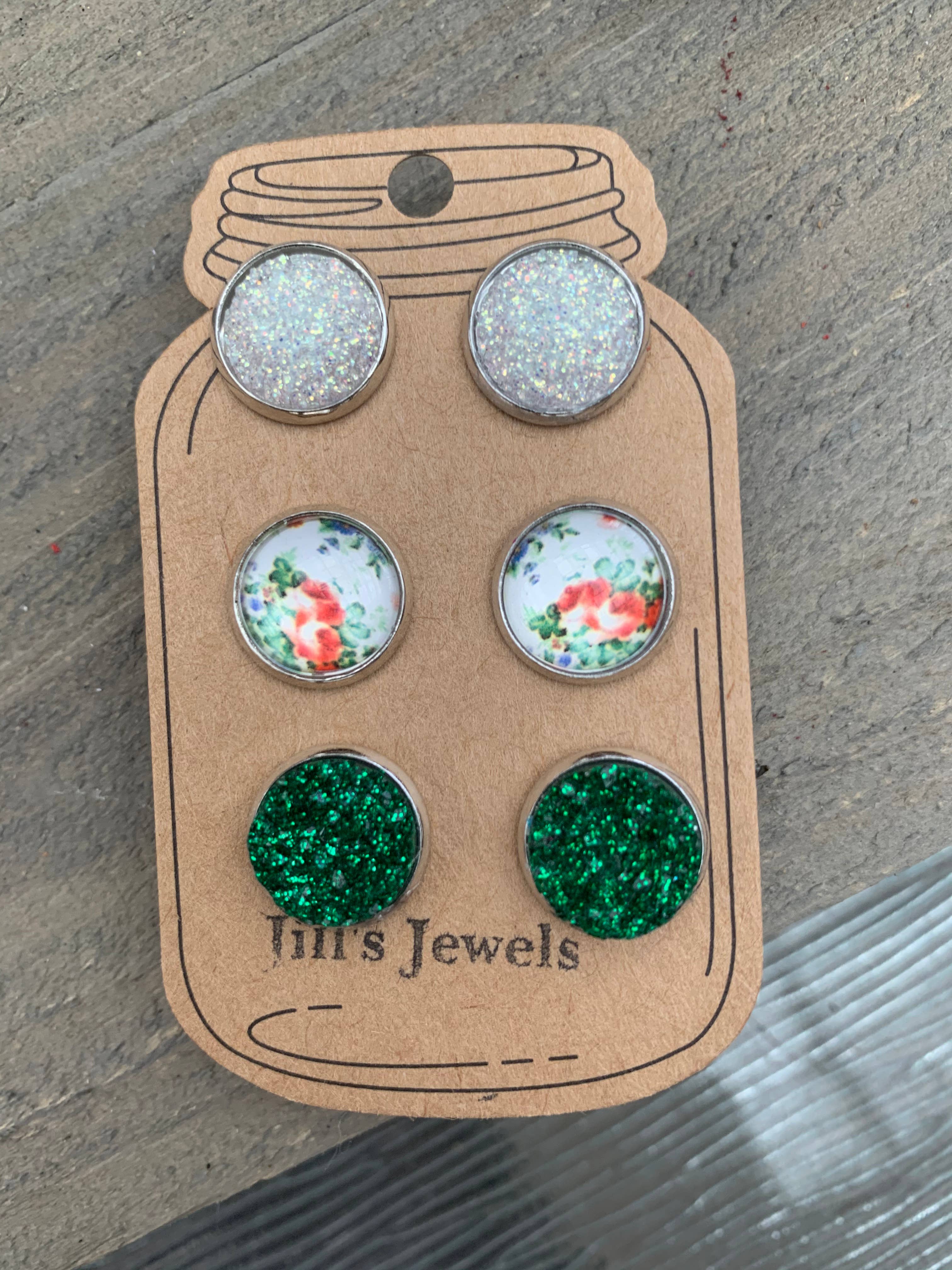 Jill's Jewels - Wholesale Jewelry Set - White and Green Floral Triple Faux Druzy 3 Earring Set1