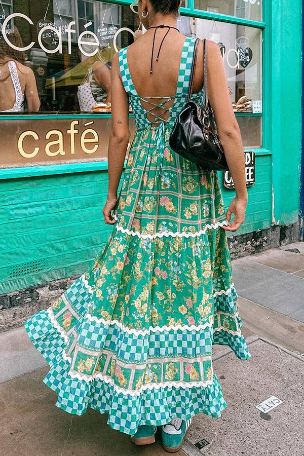 Green checkered Unique Floral Boho ric rac tiered dress for wholesale on Faire9