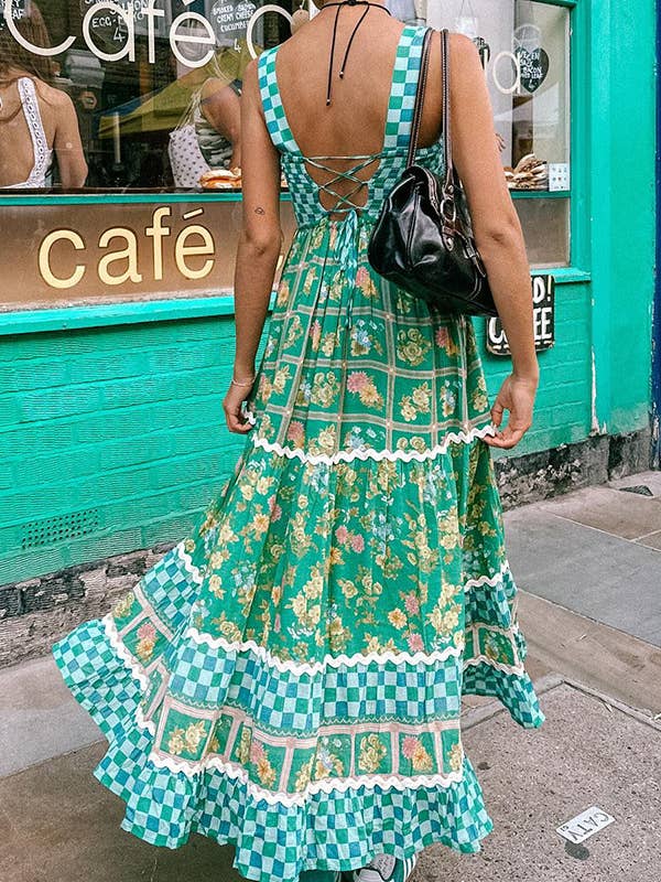 Green checkered Unique Floral Boho ric rac tiered dress for wholesale on Faire9