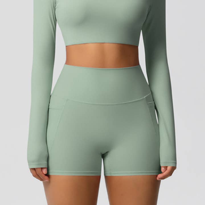 Sodalemon – Engroshandel Activewear-sæt – til kvinder – Kvinder Højtaljet Yogasæt: Langærmet Top + Shorts med Lommer22