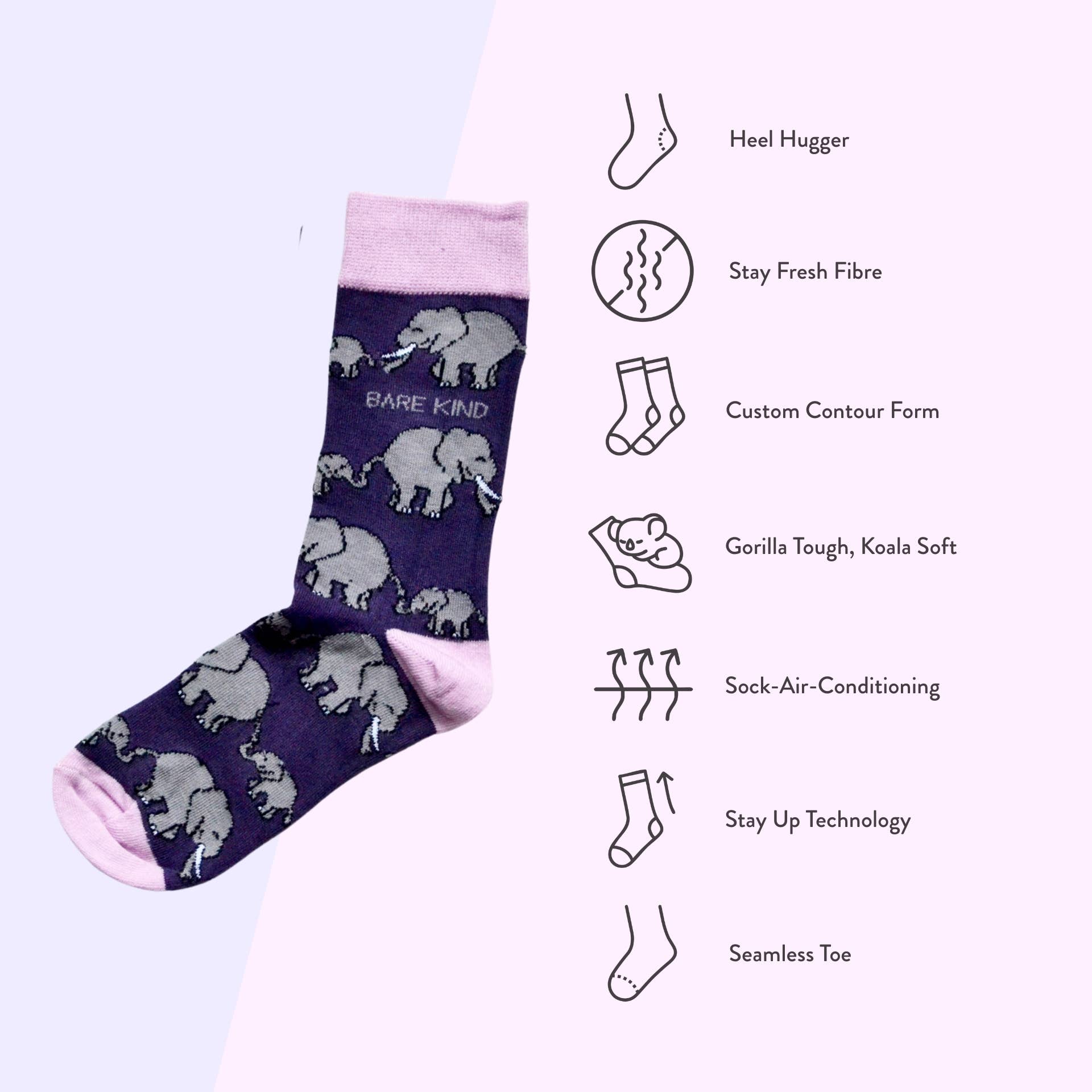 Bare Kind Socks - Wholesale Socks - Women's - Elephant Socks | Bamboo Socks | Purple Socks6