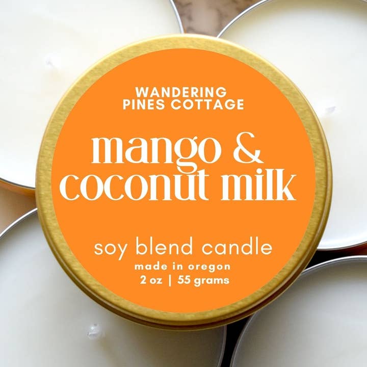 Mango and Coconut Milk - 2 oz Gold Tin Travel Candle for wholesale by Wandering Pines Cottage