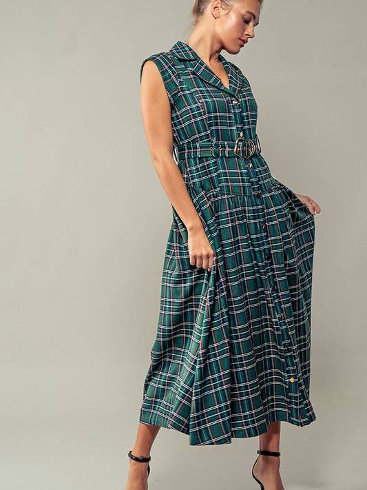 Urban Daizy - Wholesale Dress - Women's - Vintage Plaid Belted Classic Statement A Line Dress