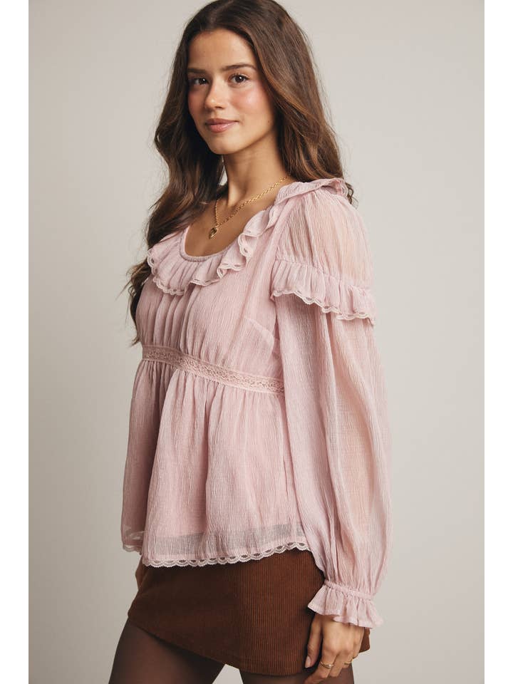 Forte - Wholesale Blouse - Women's - Ruffled Crinkle Chiffon Peasant Blouse FT0008 5