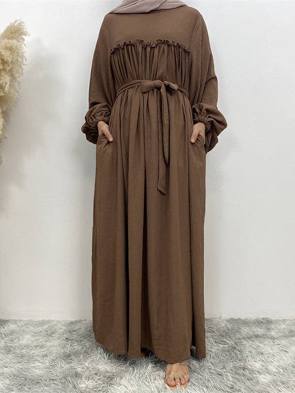 StyleGalX - Wholesale Jurk - Dames - Elasticiteit met lange mouwen en bisschopmouwen, geplooide, effen kleur, gespleten taille, ronde hals, maxi-jurken18