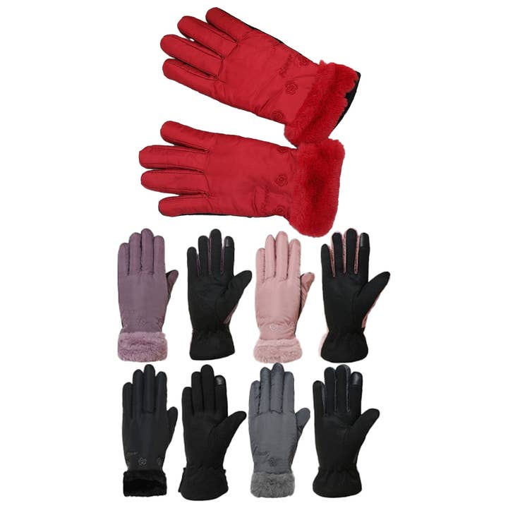 Cap Zone - Wholesale Gloves - Women's - Women's Mini Rose Faux Fur Cuffed Nylon Gloves0