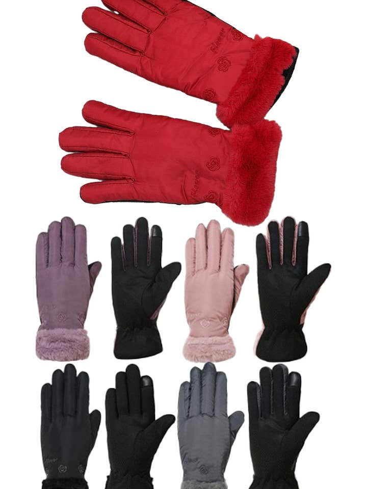 Women's Mini Rose Faux Fur Cuffed Nylon Gloves for wholesale by Cap Zone