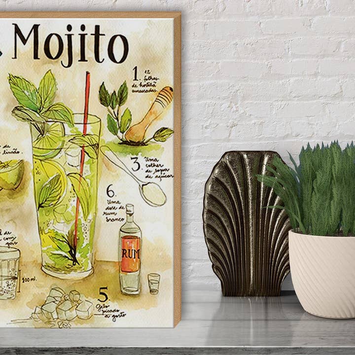 Femer - Venta al por mayor Letreros - Cartel de madera con receta, 30x40 cm, ron mojito, Suco de Limão Agua