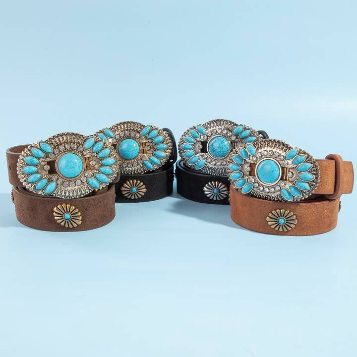 Turquoise Concho Buckle Vegan Leather Belt for wholesale by Collections by Fame Accessories