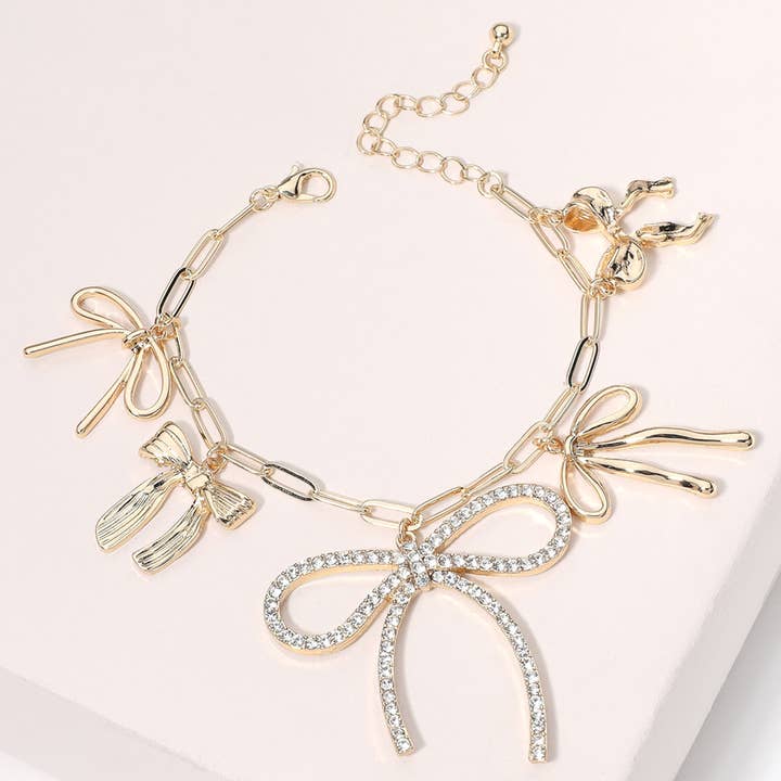 Sensibling Corp. - Wholesale Charm/Dangle Bracelet - Stone Paved Bow Metal Bow Charm Station Paperclip Bracelet