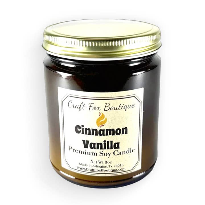 Candela di soia alla vaniglia e cannella 8oz per la vendita all'ingrosso da parte di Craft Fox Boutique