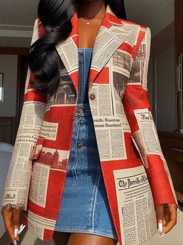 RED WHITE Long Sleeves Jacket Loose Buttoned Newspaper Print Pockets Split-Joint Notched Collar Blazer Outerwear for wholesale on Faire