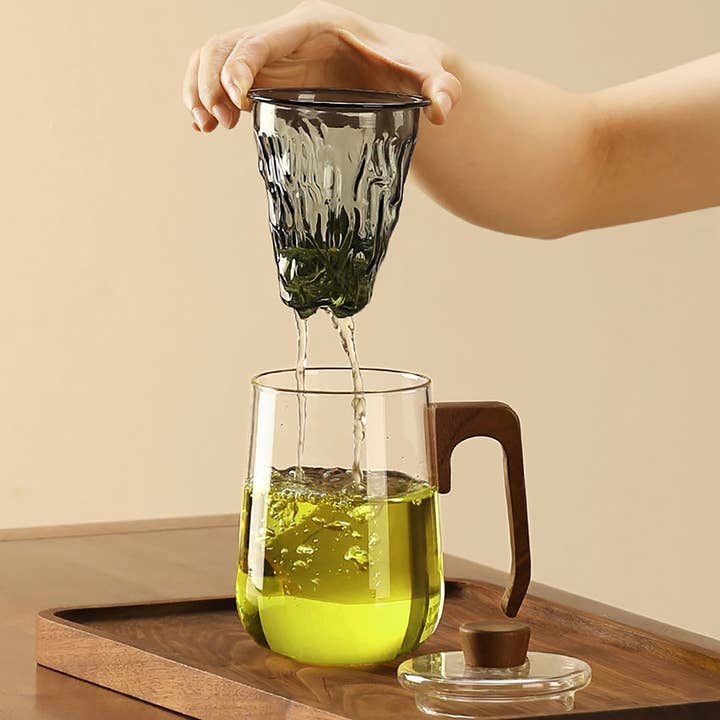 MinoCraft - Wholesale Tea pot - Glass infuser mug with walnut wood handle3