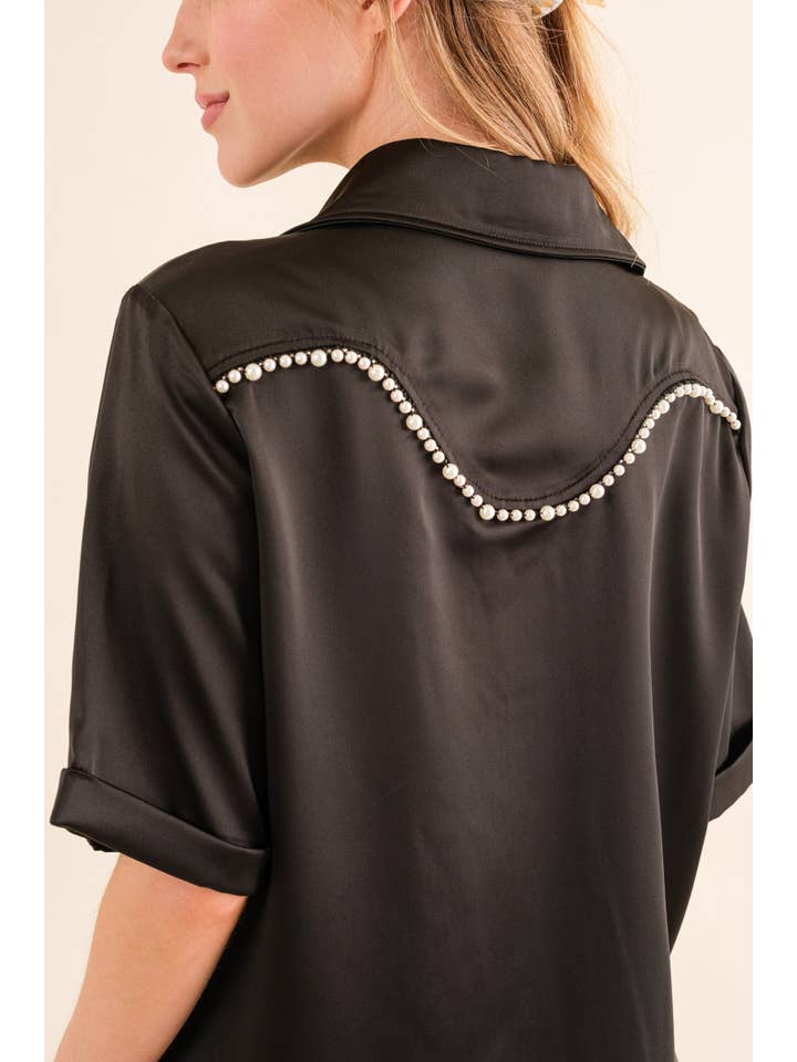 AND THE WHY - Wholesale Button Down Shirt - Women's - ATW15026 - Satin Faux Pearl Oversized Half Sleeve Shirts