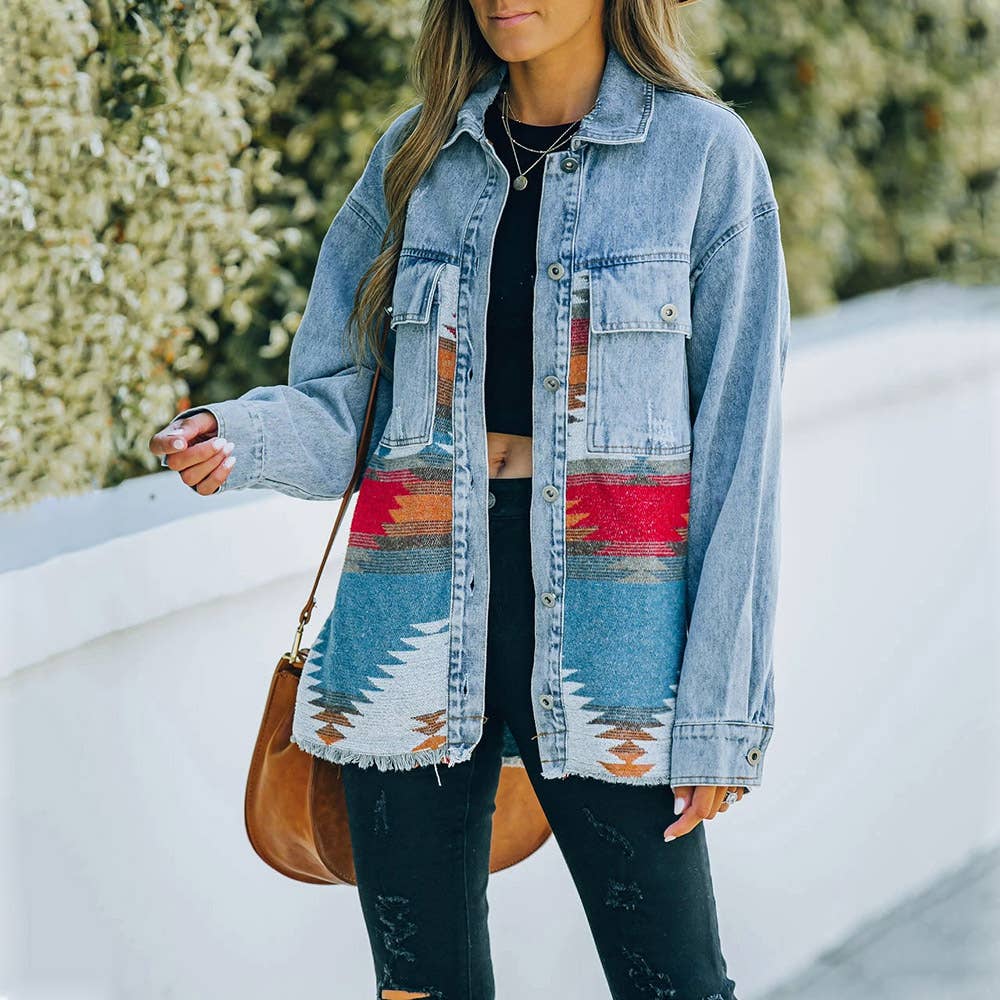 Rosa Clothing - Wholesale Denim Jacket - Women's - Vintage Ethnic AZTEC patchwork oversized denim jacket8