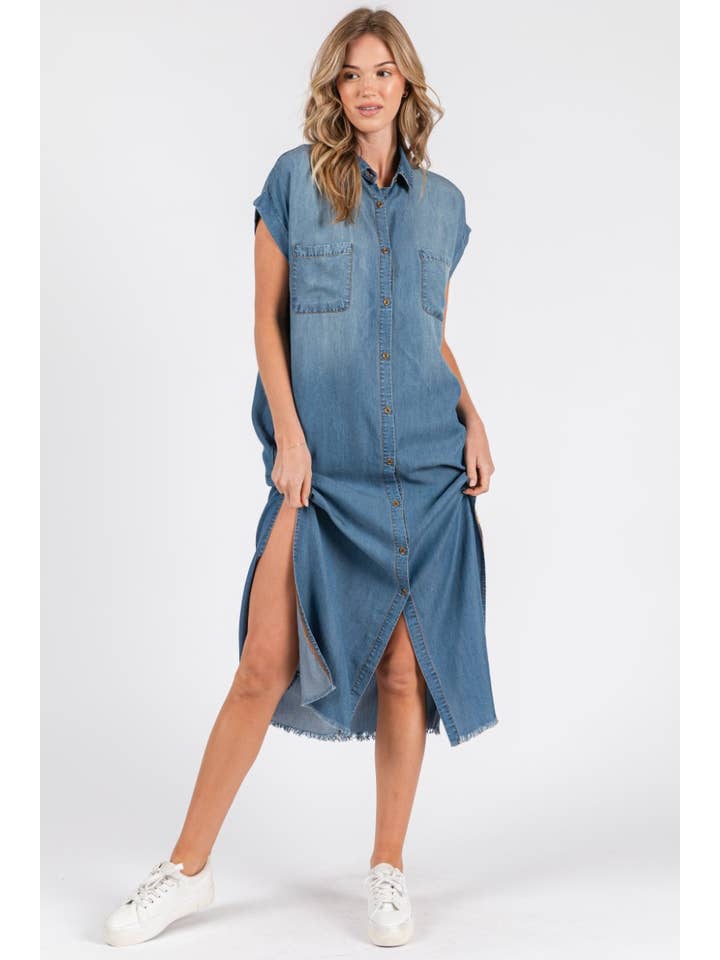 ZiA Apparel - Wholesale Dress - Women's - Short Sleeve Maxi Denim Dress- Denim