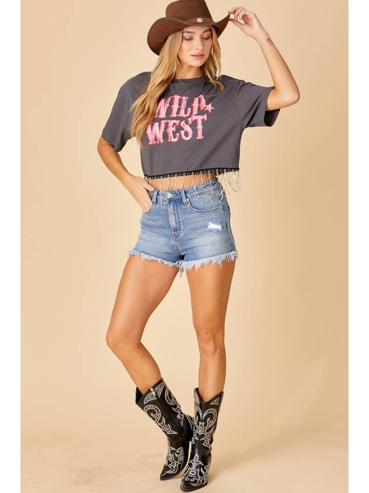 CHARCOAL WILD WEST CROP TOP WITH CHAIN FRINGE DETAIL for wholesale on Faire11