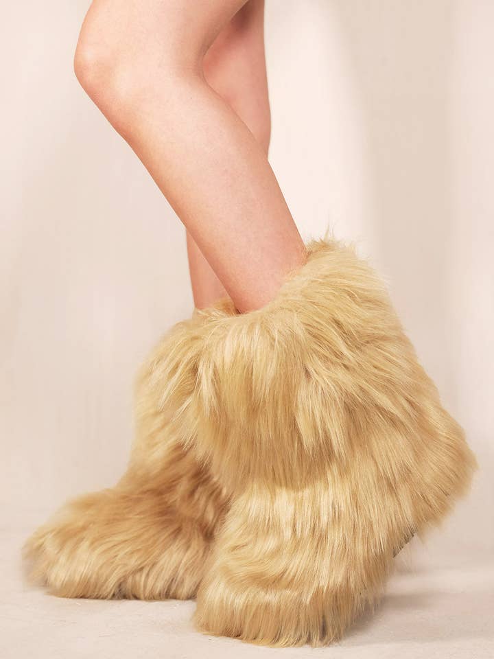 MALAYA PLATFORM FLUFFY FAUX FUR ANKLE BOOTS IN BEIGE for wholesale on Faire