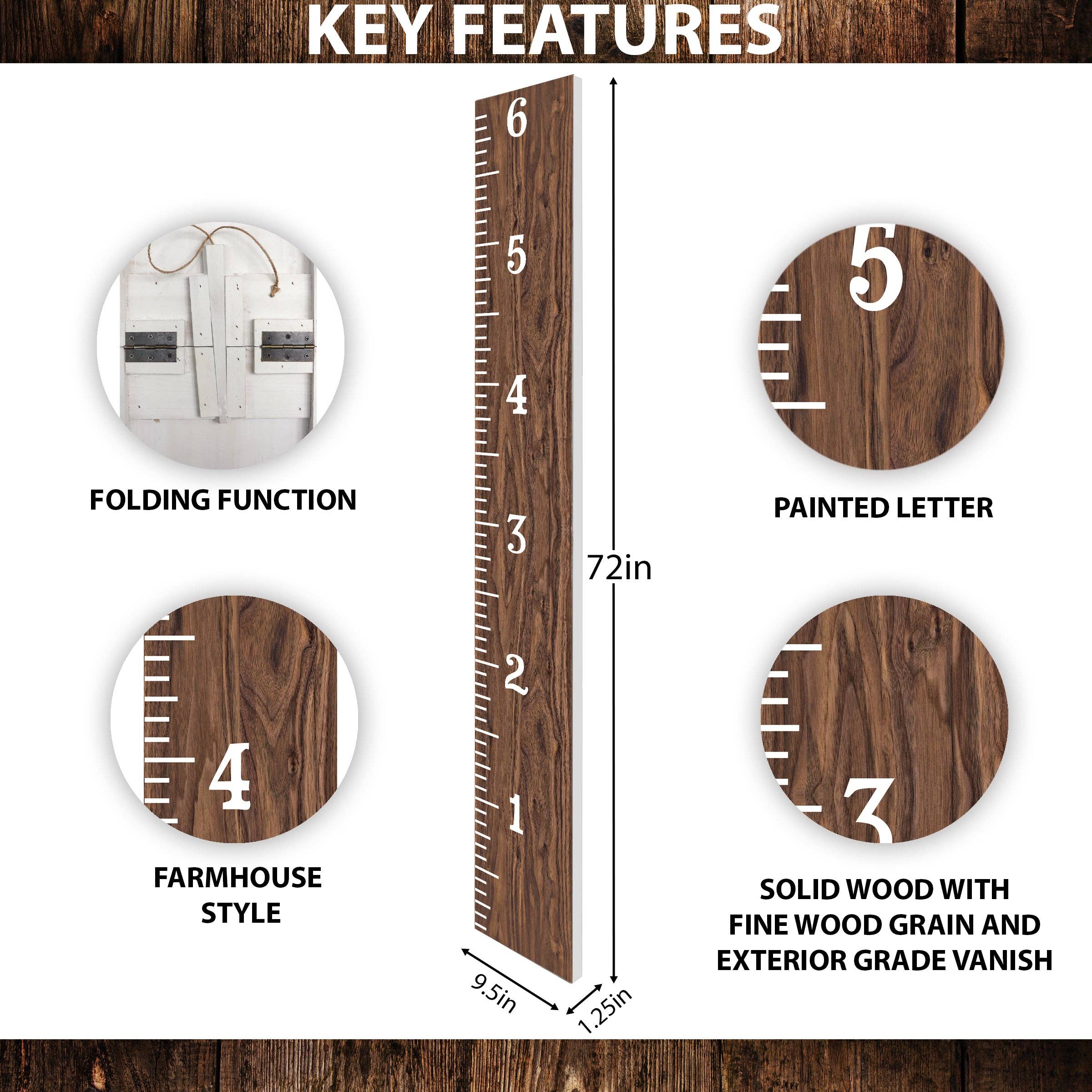 TX USA Corporation - Vente Tableau de croissance – enfant et bébé - Règle de croissance brune de 6 pieds - Décoration de salle de jeux, règle murale, courbe de croissance en bois, panneaux de décoration de chambre de bébé, art mural pour enfants, chambre de tout-petit1