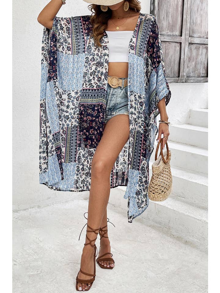 Blue Boho Floral Open Front Summer Kimono for wholesale on Faire