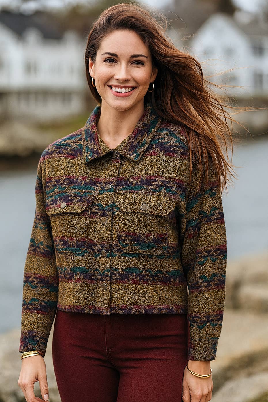 LTX Sportswear - Wholesale Jacket - Women's - 26715 Mustard with Red & Green Accents Aztec Button Up Collared Jacket