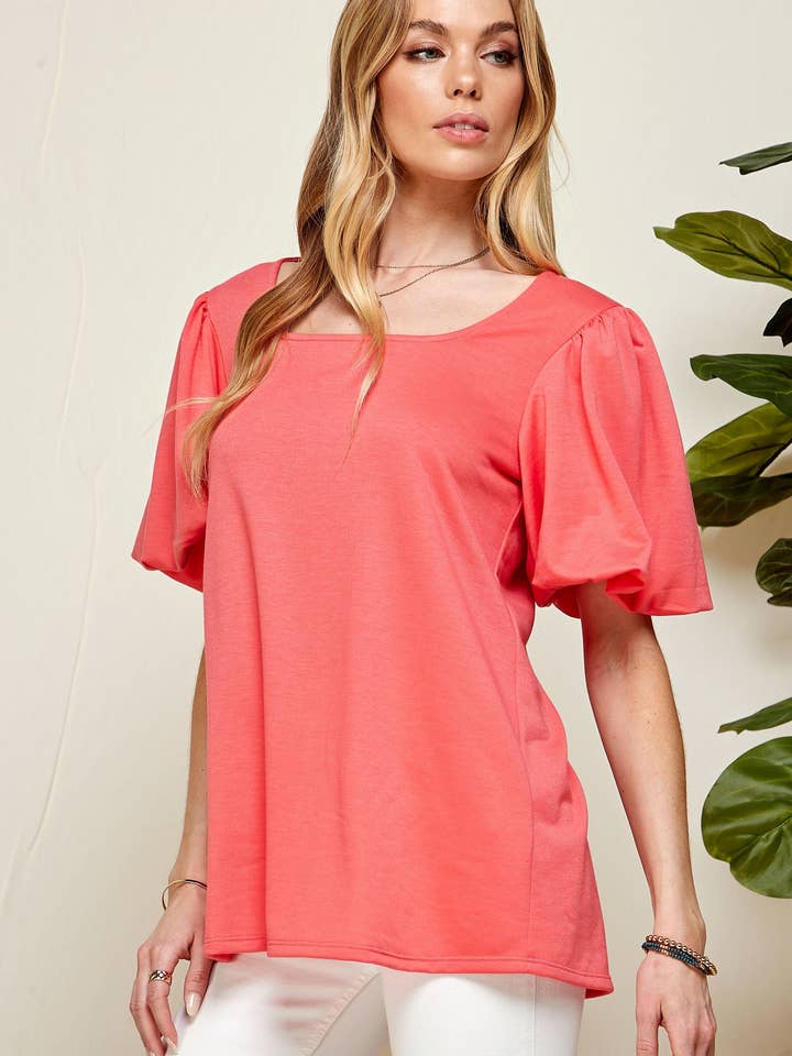 CORAL SPT5094 - WOMEN PUFF SHORT SLEEVE SQUARE NECK TOP for wholesale on Faire