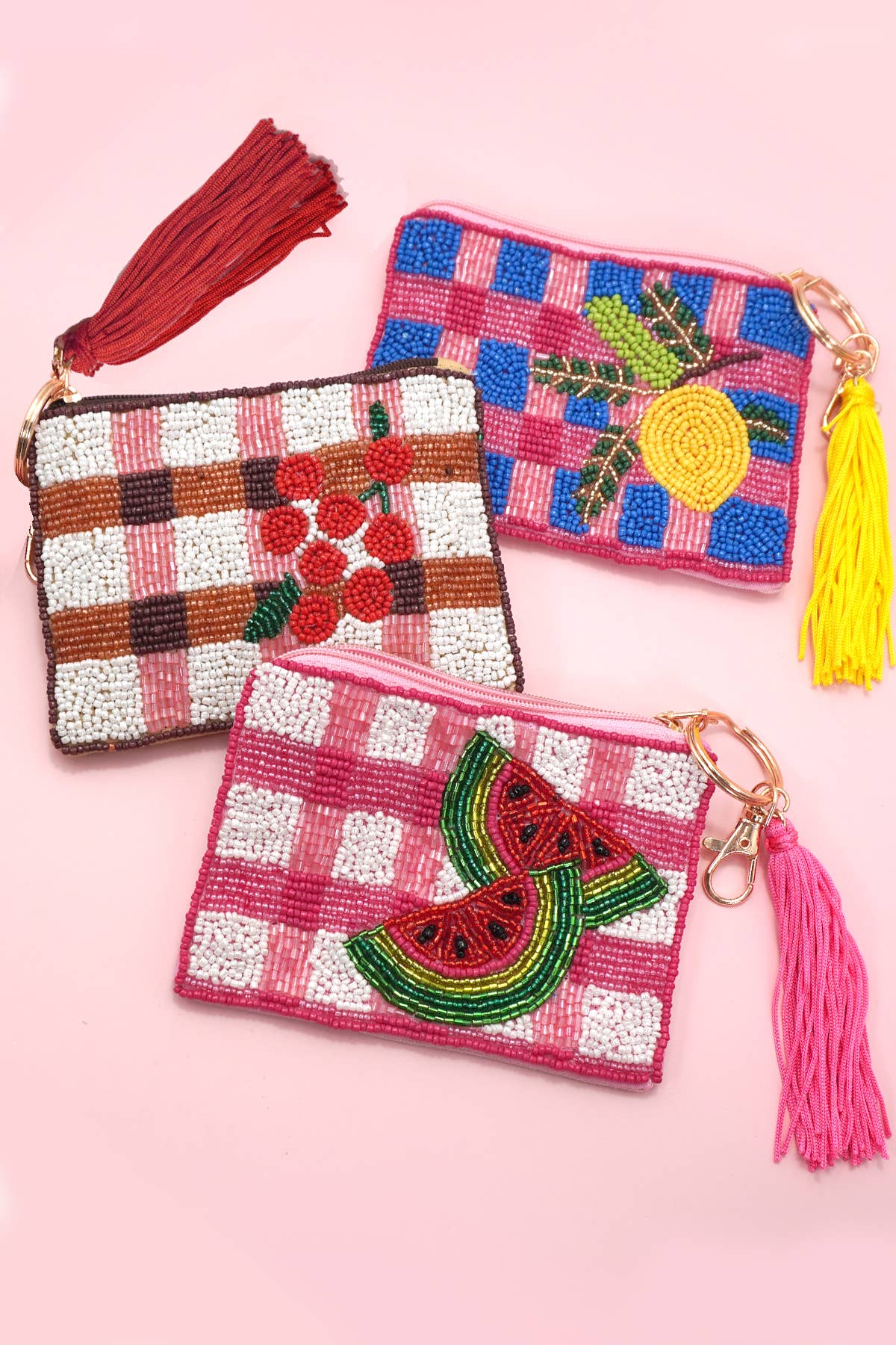JOSSLYN by wall to wall - Wholesale Coin Purse - Women's - CHECKER FRUIT SEED BEAD COIN TASSEL PURSE 91CP1008