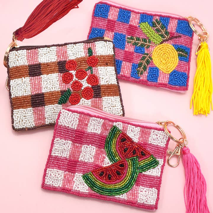JOSSLYN by wall to wall - Wholesale Coin Purse - Women's - CHECKER FRUIT SEED BEAD COIN TASSEL PURSE 91CP1008
