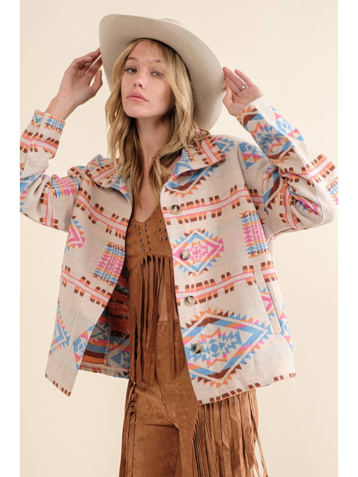 Blue B - Wholesale Shirt Jacket/Shacket - Women's - 32621J - Aztec Jacquard Mock Neck Button Up Western Jacket