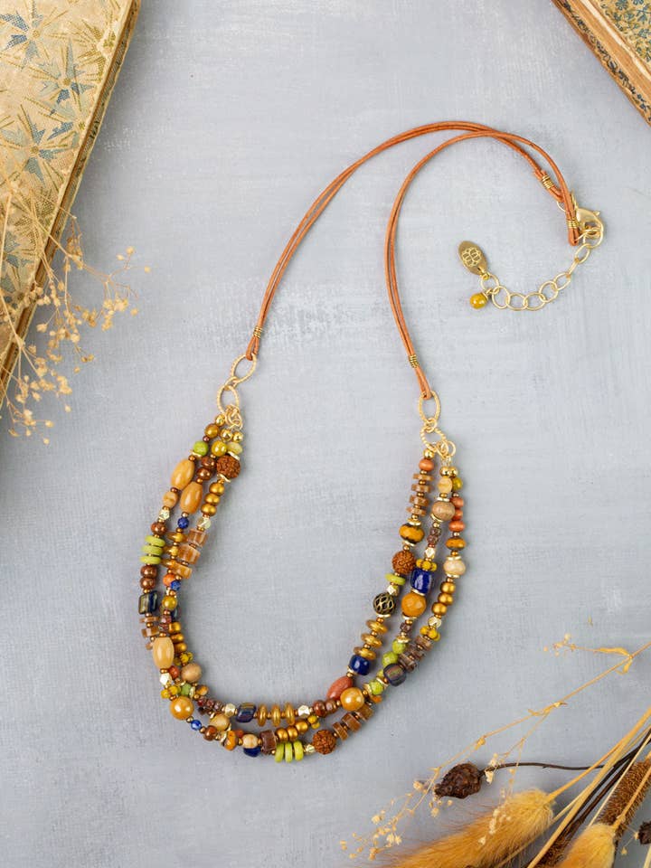 Azulejo 20.5-22.5" Brown Heishe, Czech Glass, Yellow Turquoise Multistrand Necklaces for wholesale by Anne Vaughan Designs Jewelry
