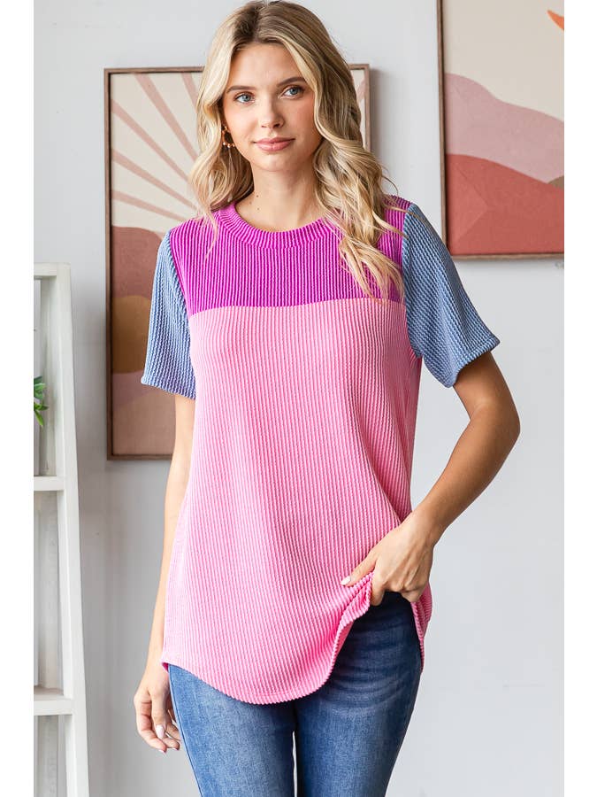 7th Ray - Wholesale Knit Top - Women's - Color Block Ribbed Women's Knit Top T56184