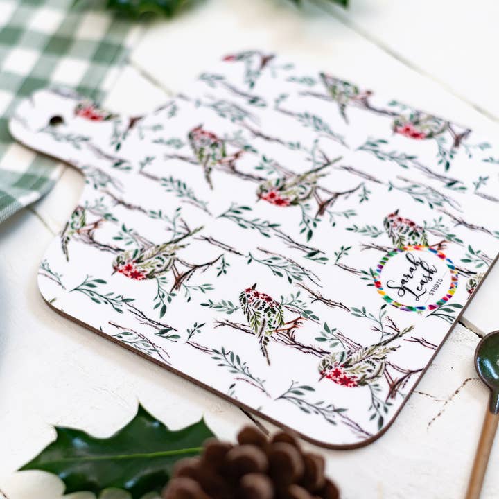 Sarah Leask Studio – wholesale Cutting board – Poinsettia Robin Mini Chopping Board