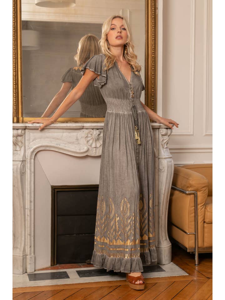 Grey Long dress with a gilding effect print in Bohemian style. V-neck for wholesale on Faire3