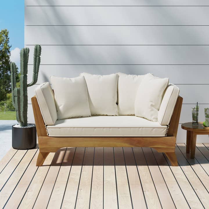 Outdoor Acacia Wood Expandable Daybed with Cushions, Teak for wholesale by 39F Inc.