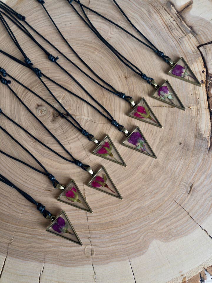 Pressed Rose Necklace on Adjustable Hemp Cord for wholesale by Bee The Light Studios