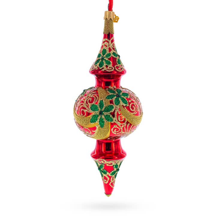 BestPysanky - Wholesale Ornament - Holly & Gold Scroll Double-Ended Finial Drop Glass Ornament1
