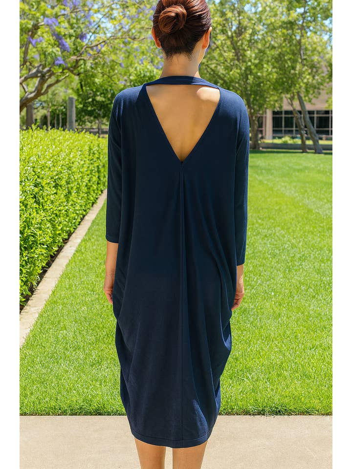 Fennco Styles - Wholesale Dress - Women's - Deep Back Cut Out 3/4 Sleeve Blue Maxi Dress2