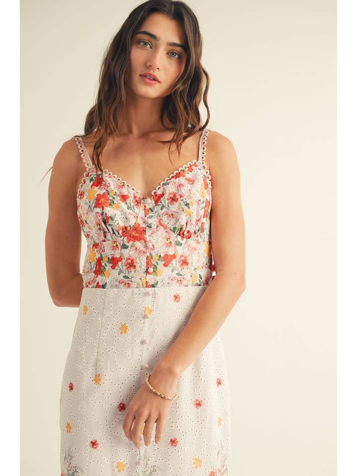 Pink Multi EYELET DETAILED FLORAL BORDER PRINT MIDI DRESS for wholesale on Faire