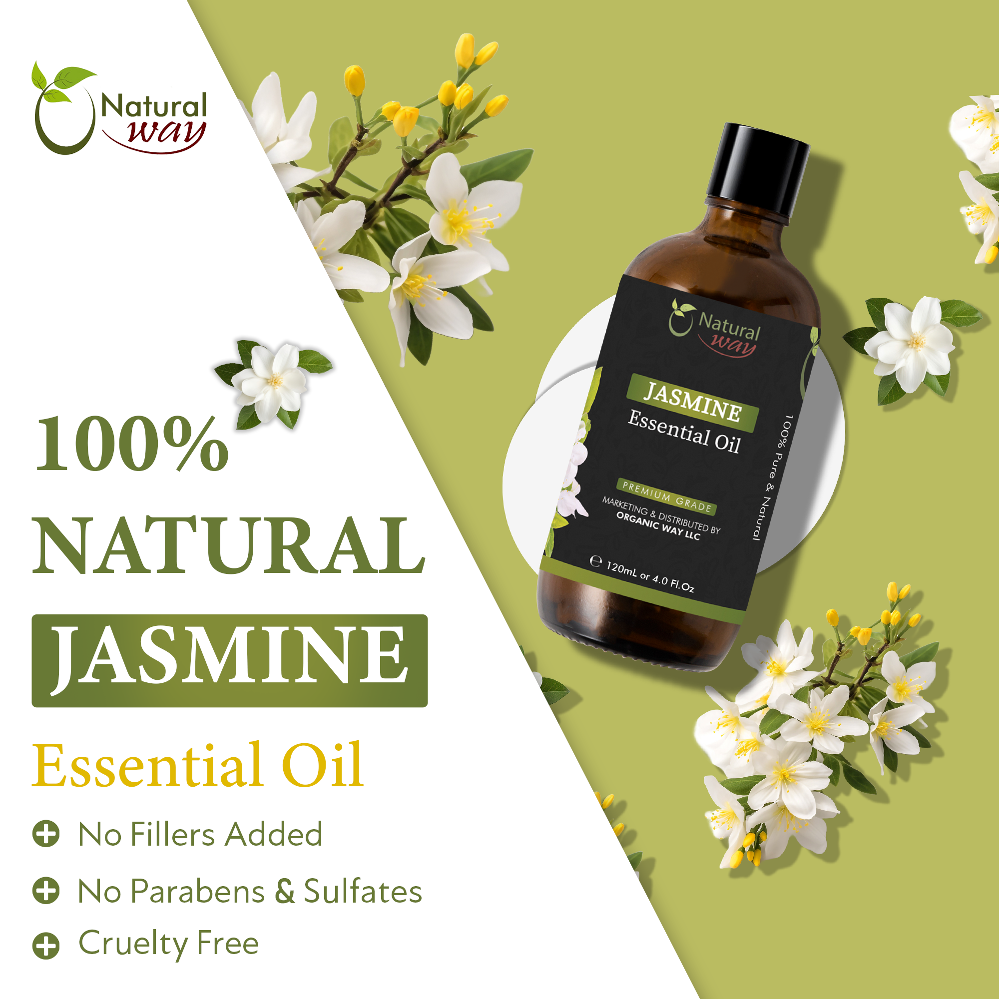 Organic Way LLC – Großhandel Ätherisches Öl – Natural Way Jasmin ätherisches Öl | Premium ätherische Öle für die Haarpflege, Öl für die Haut, Aromatherapie und Diffuser | Ätherisches Öl zur Entfernung von Hautanhängseln, Massageöl und für den Einsatz im Luftbefeuchter | 4 Fl Oz (120 mL)1