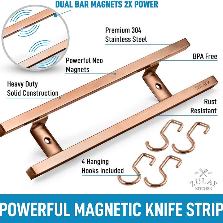 Zulay Kitchen – wholesale Knife storage – Stainless Steel Knife Magnetic Strip With Hanging Hooks2