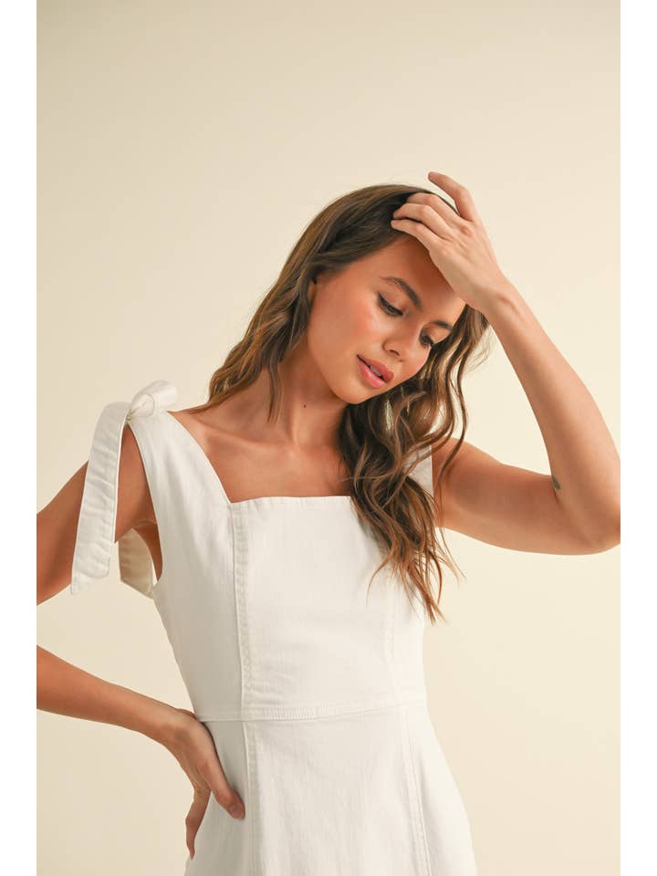 White D4567 STRETCH COTTON TIE ON SLEEVE DRESS for wholesale on Faire