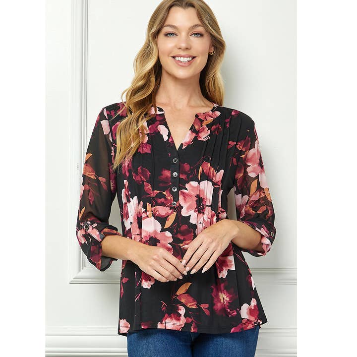 VERONA V NECK ROLL TAB BLOUSE for wholesale by Winslow Collection