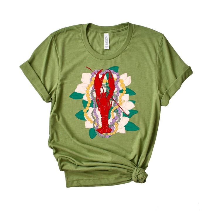 Maglietta di Mardi Gras con gamberi, perline e magnolia per la vendita all'ingrosso da parte di on the Bayou