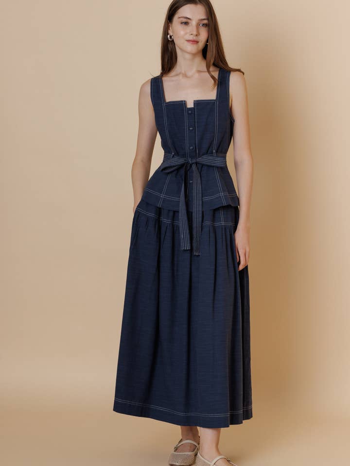 A & SHE - Wholesale T-Shirt - Women's - Square Neck Button Down Contrast Stitch Belted Top13