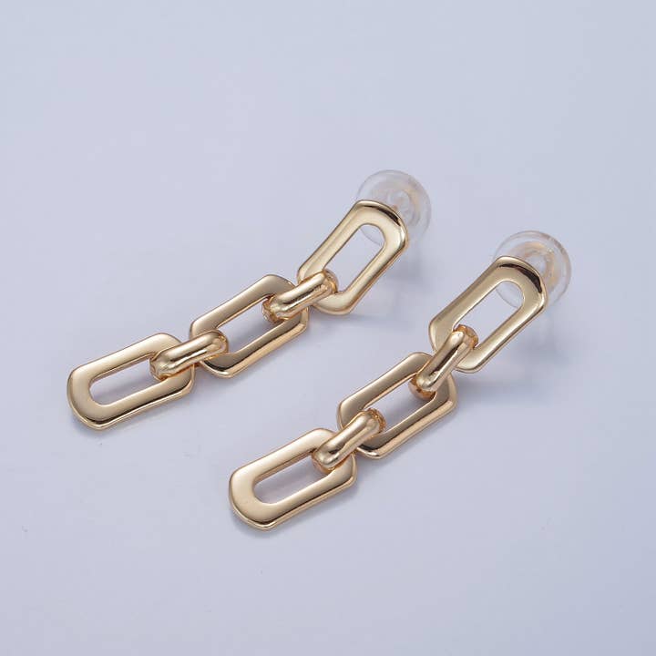 Aim Eternal - Wholesale Dangle Earrings - 18K Gold Plated Shiny Paper Clip Link Chain Post Dangle Drop Earrings NEW Modern Trendy V-390